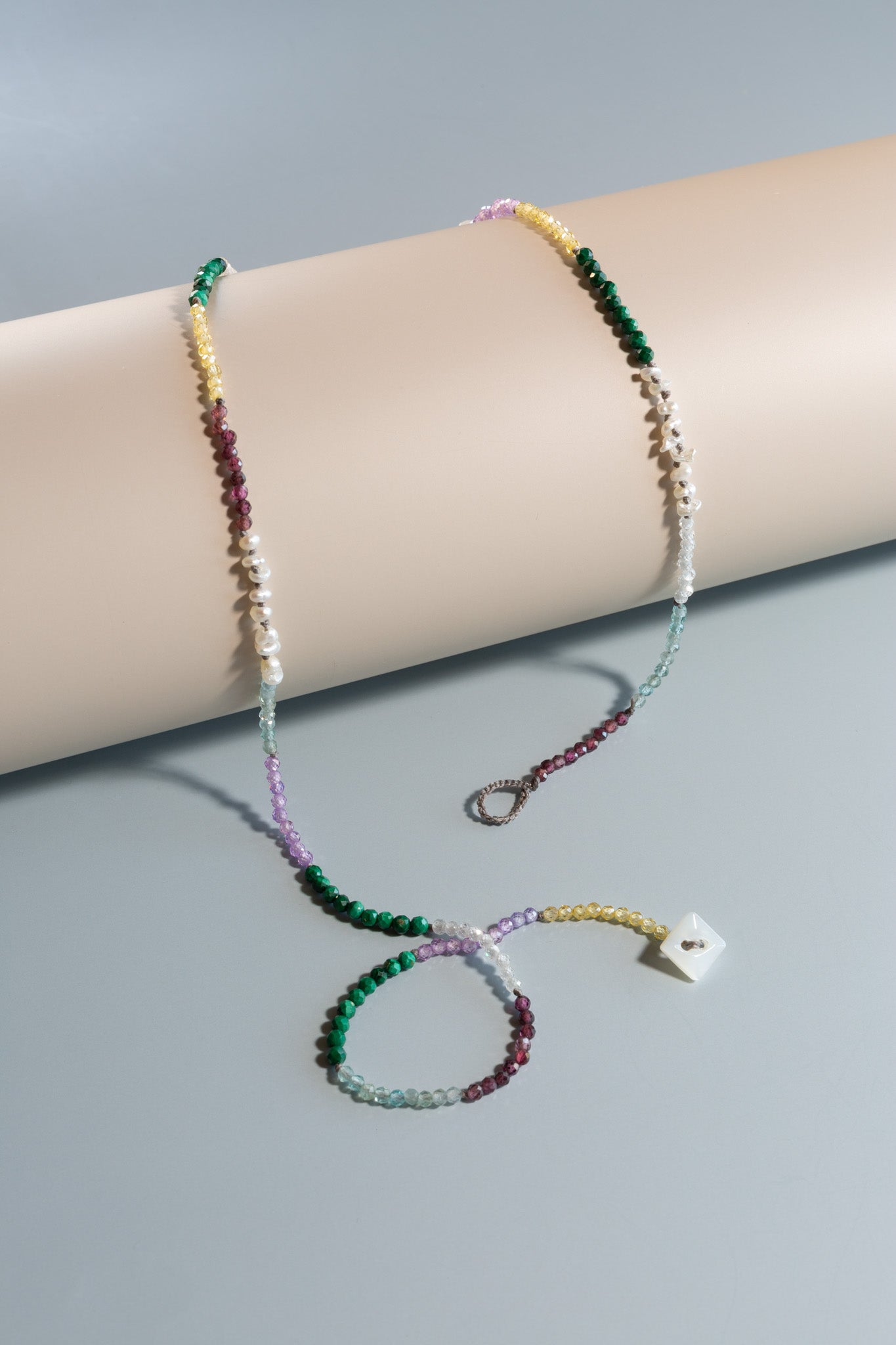 Cubic Zirconia and Mixed Gems Beaded Necklace with 14K Gold Seed Beads