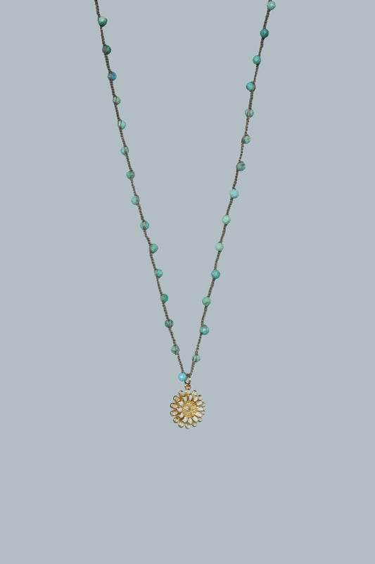 Turquoise Beaded Necklace with White Flower Charm