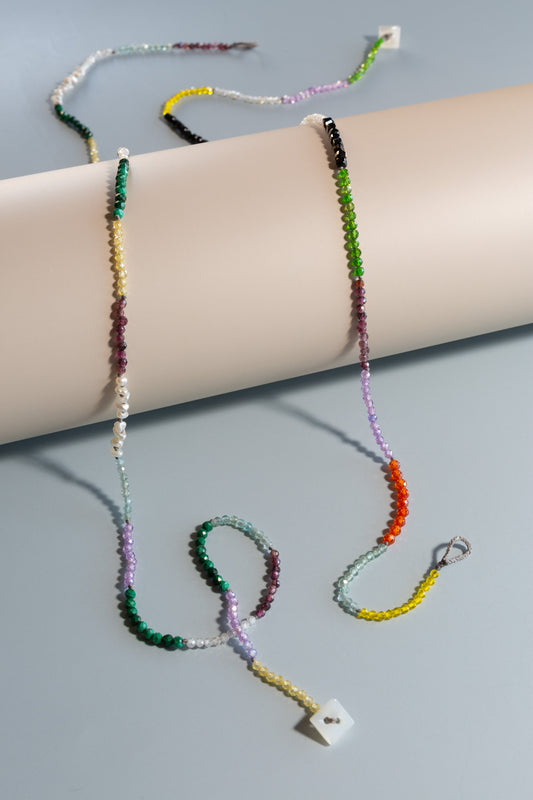 Cubic Zirconia and Mixed Gems Beaded Necklace with 14K Gold Seed Beads
