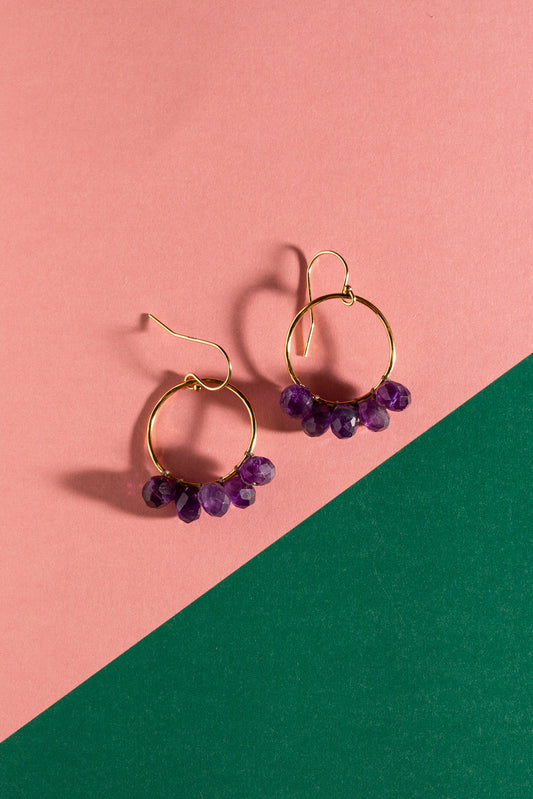 Five Gem Amethyst Gold Hoops Gold Filled Earrings