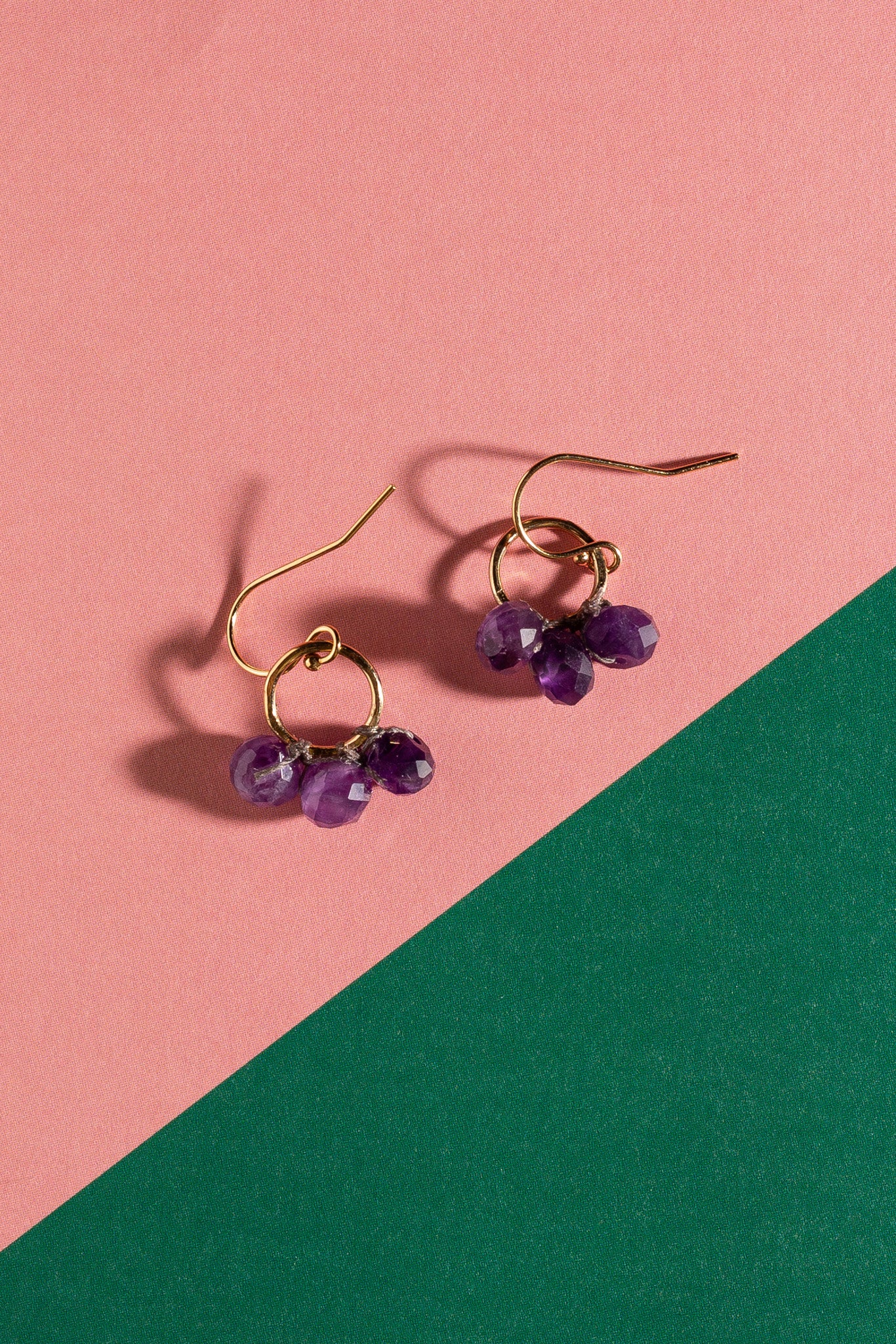 Three Gem Amethyst Gold Hooped Earrings