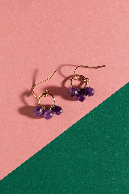 Three Gem Amethyst Gold Hooped Earrings